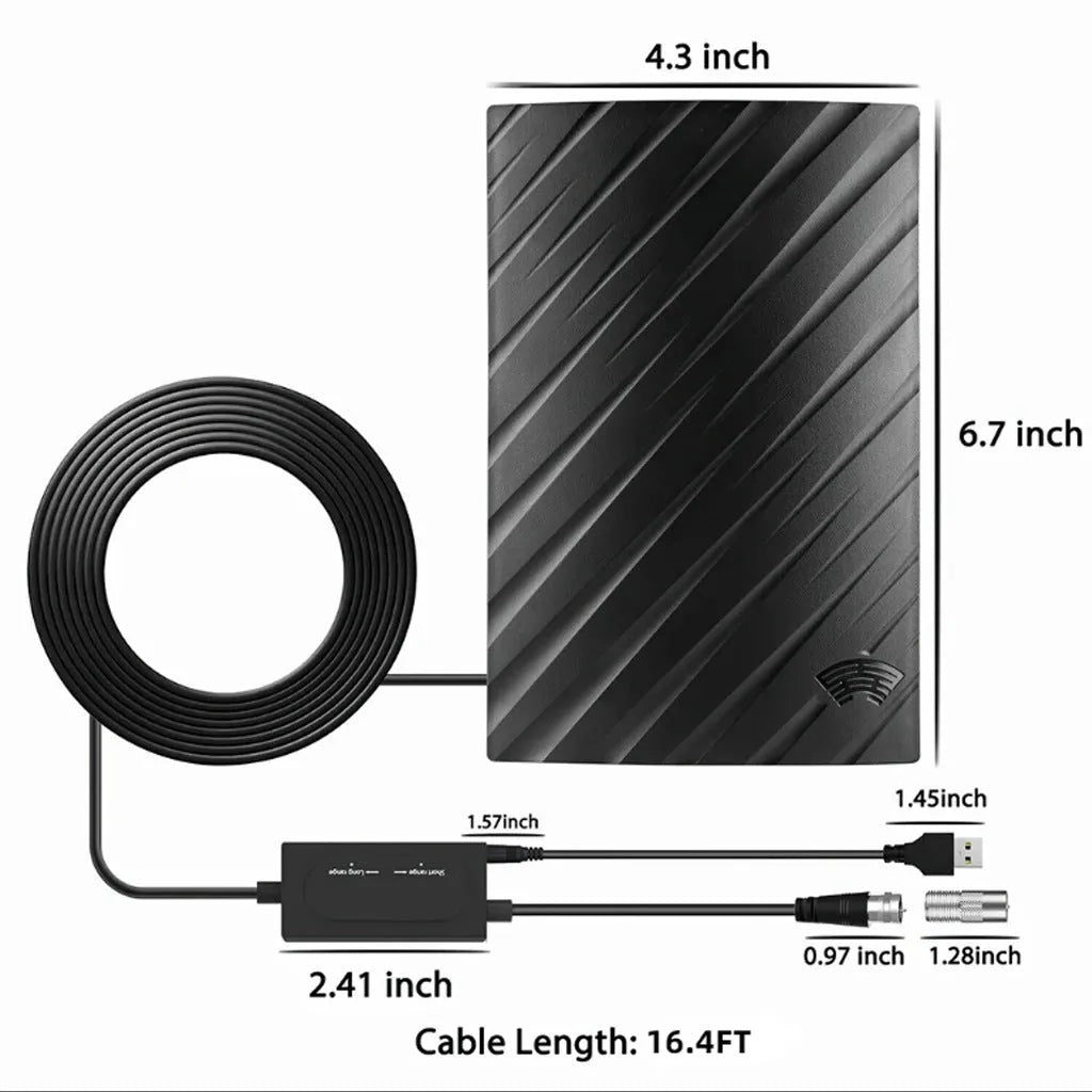 Black plastic digital TV antenna with mounting screws, tubes, adhesive tape, and cable ties.