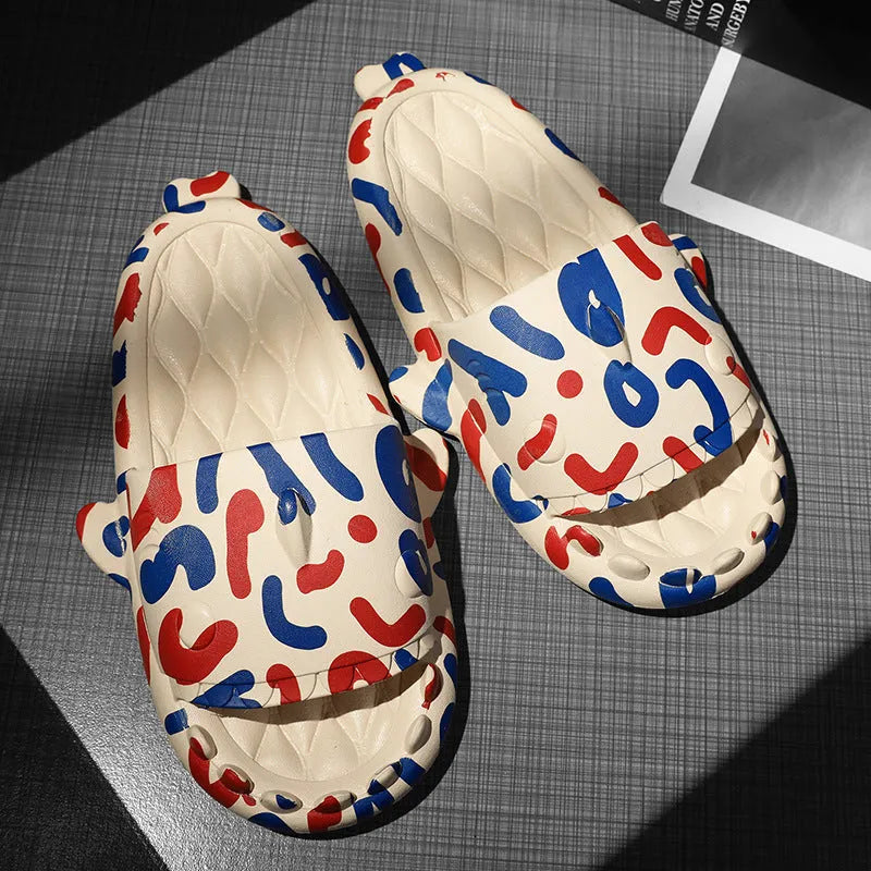 Shark-themed open-toe EVA slippers for couples in various colours on a white background.