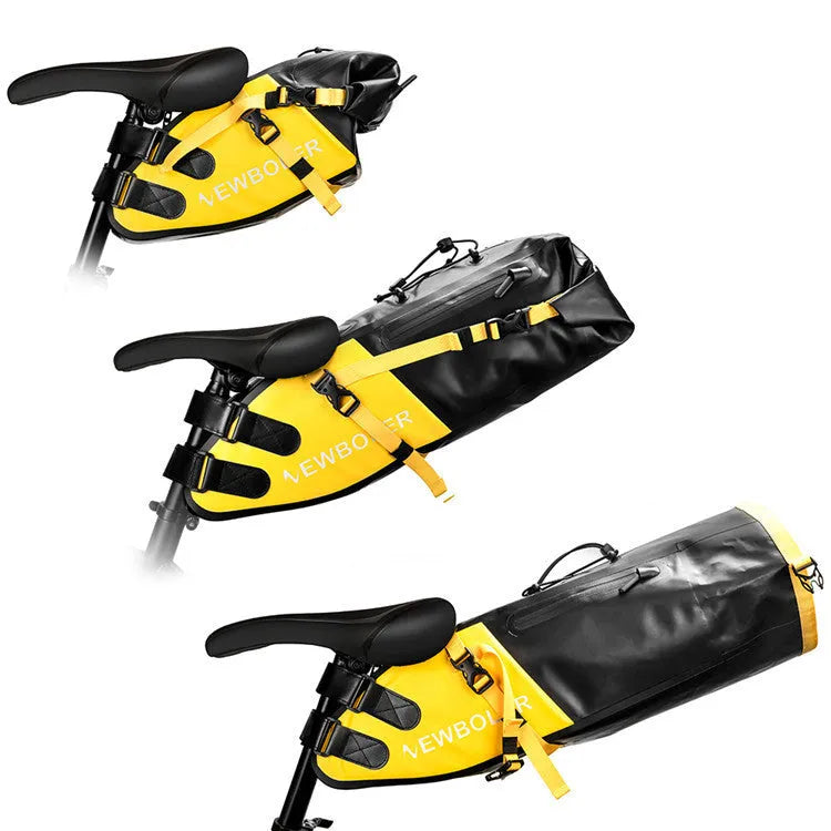 Large yellow waterproof bicycle tail bag mounted on bike, showing 13L capacity.