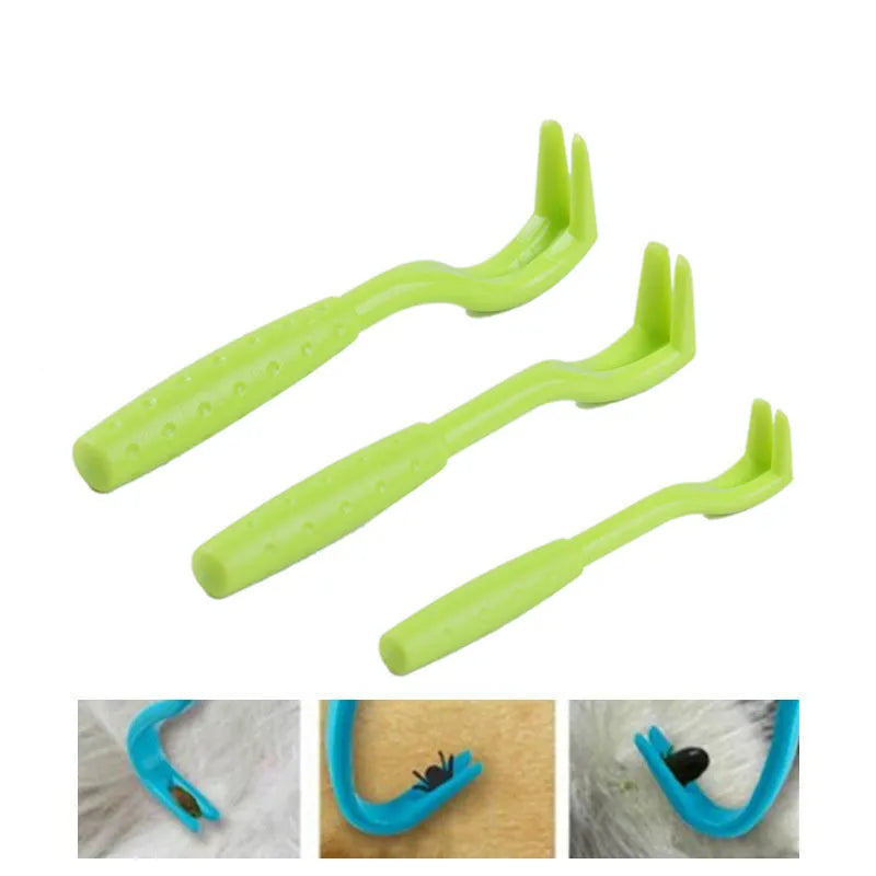 Three blue plastic pet tick removal clips with hook ends on a white background.