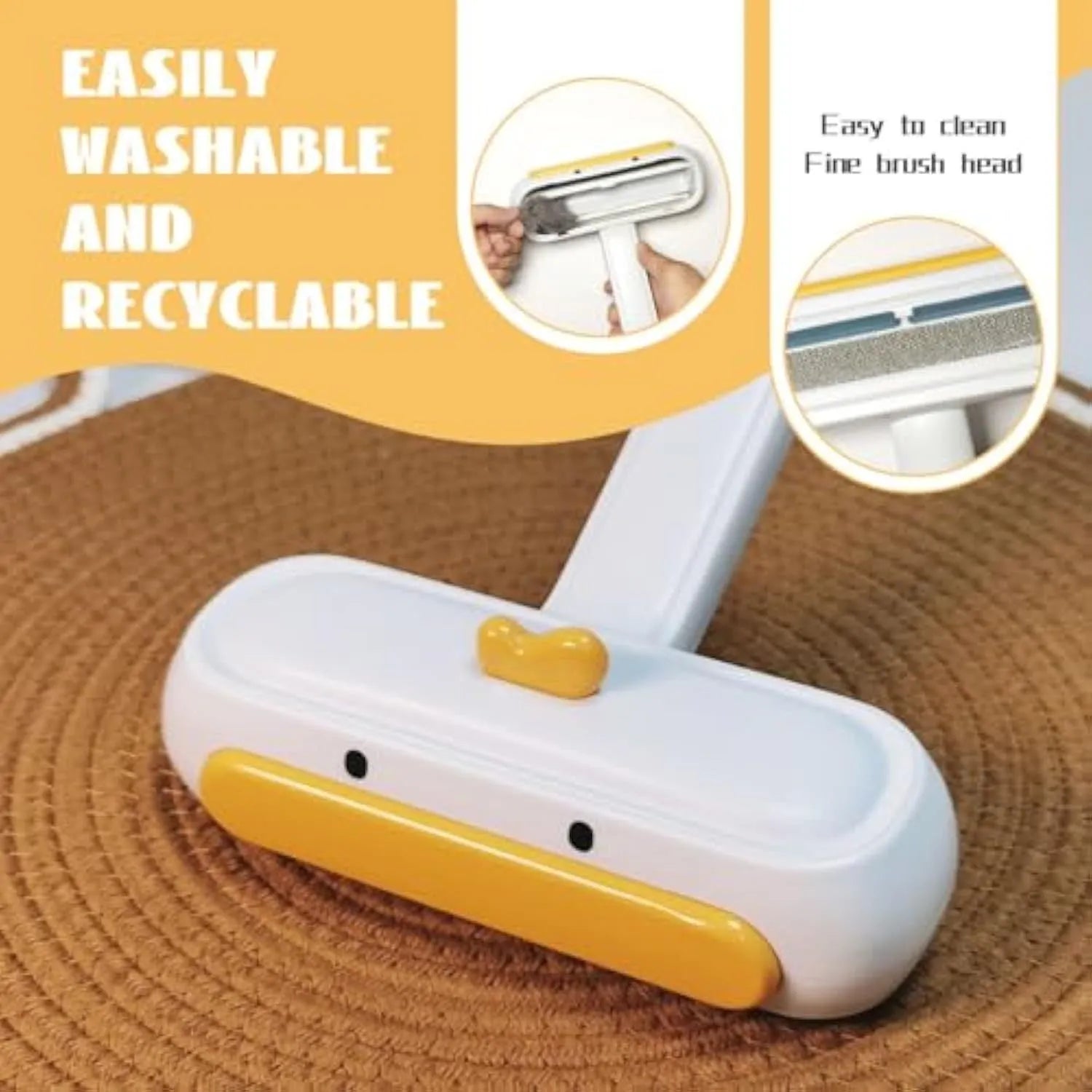 Yellow duck design portable pet hair remover brush with plastic body and polyester bristles.