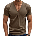 Men's loose thin V-neck pullover top in a solid colour with button detail