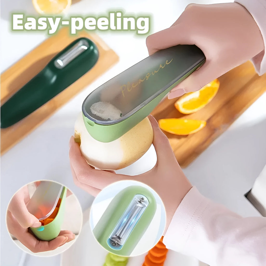 Dark green vegetable peeler with stainless steel blade stored inside a transparent plastic tube.