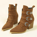 Chunky heel pointed toe retro mid-calf boots with belt buckle design for women, black colour, side view
