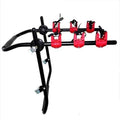 Black and red trunk mounted car bike holder rack with iron frame and sponge padding.