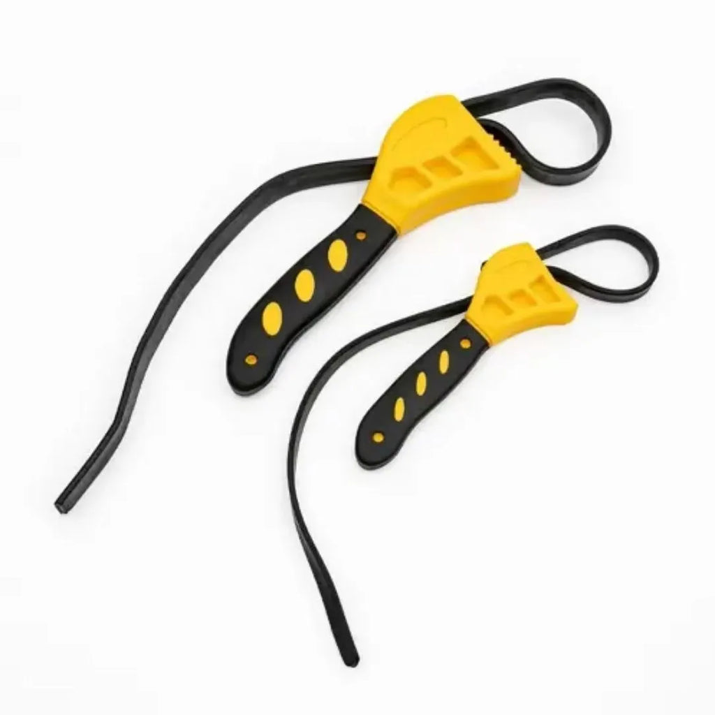 A 6-inch and an 8-inch rubber strap wrench set on a workbench, showing the adjustable rubber strap and plastic handle.