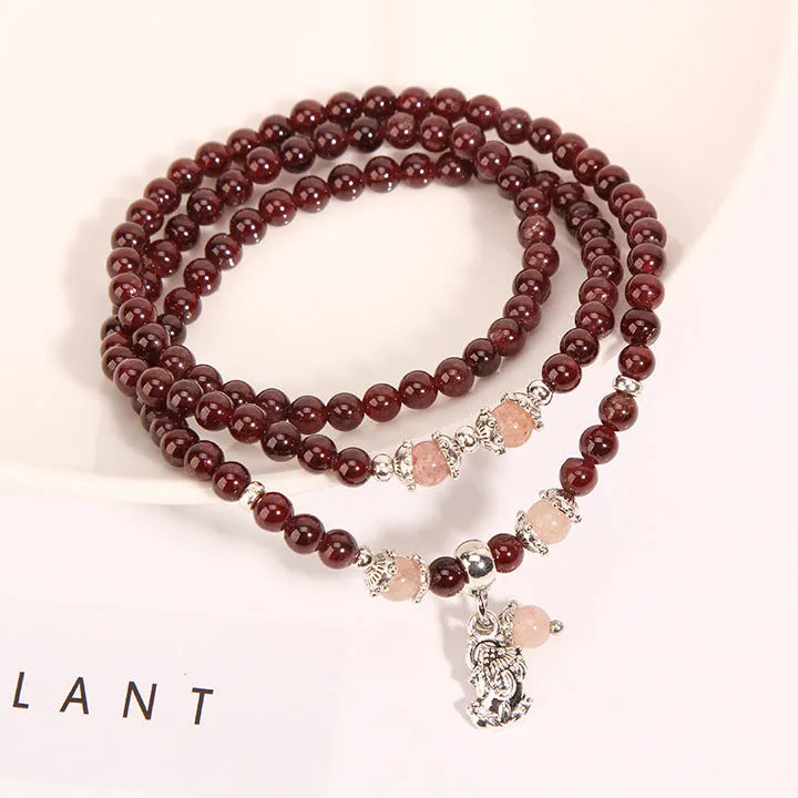 Women's wine red garnet crystal bracelet with flower-shaped pendant in bohemian ethnic style
