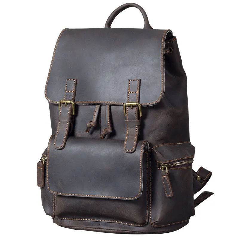 Brown retro crazy horse leather backpack with denim lining and double shoulder straps
