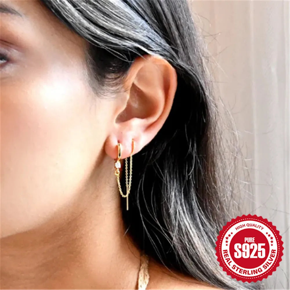 S925 sterling silver ear studs with diamond flower tassel chain design in electroplated golden colour