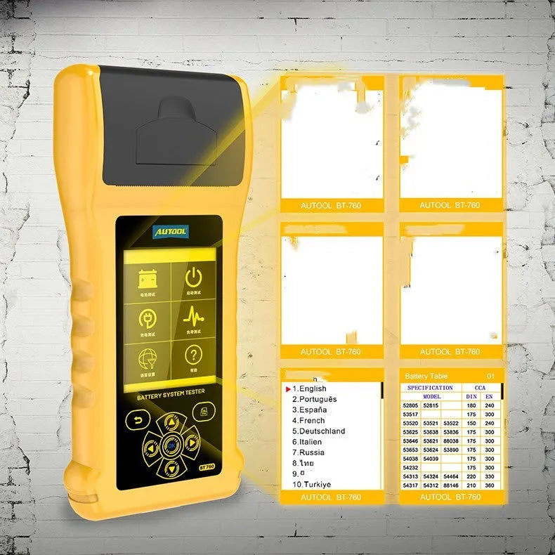 Autool BT-760 colour screen vehicle battery tester with red and black alligator clips.