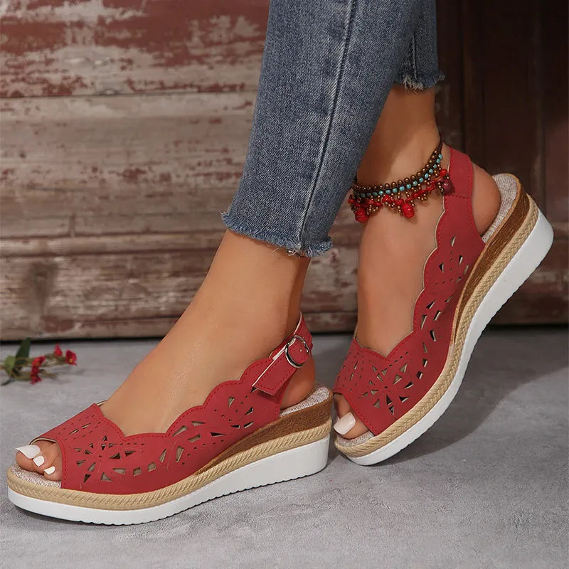 Women's fish-mouth wedge sandals in light brown with thick PU sole and buckle detail