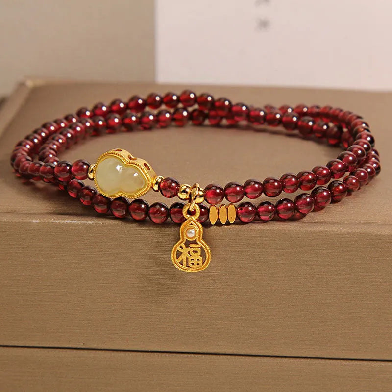 Women's Chinese-style gourd bracelet with imitation garnet beads and electroplated finish