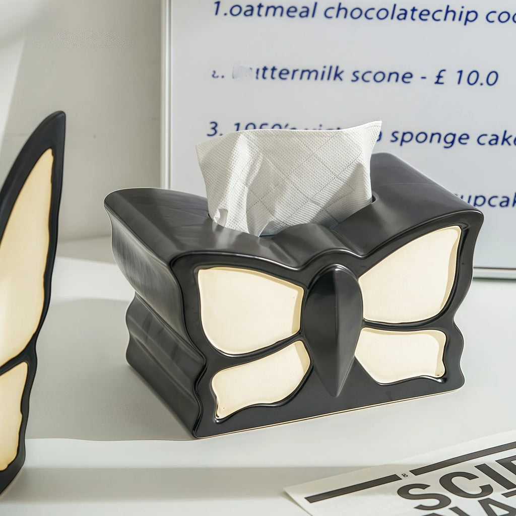 White ceramic butterfly vase and matching tissue box with waterproof coating