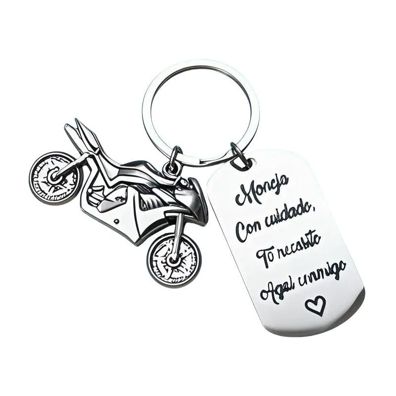 Stainless steel motorcycle keychain with metal key ring and grey flannel storage bag