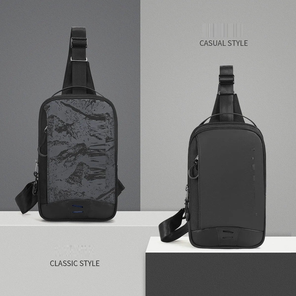 Casual black TPU camouflage chest bag with a single shoulder strap and soft handle.