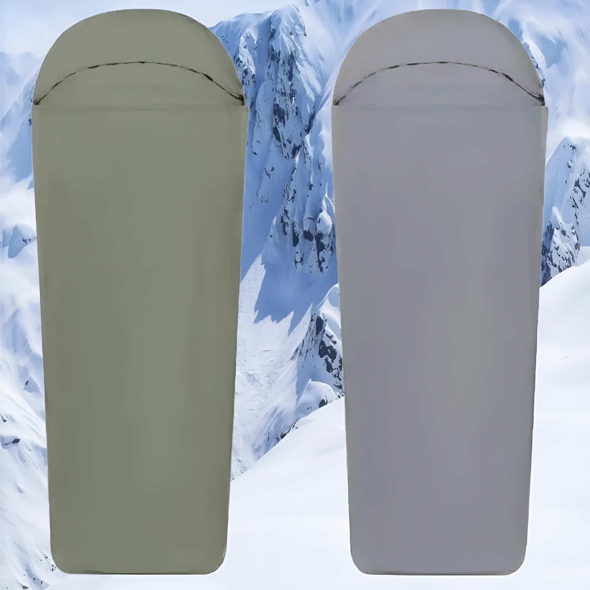 Blue and green mummy-style nylon camping sleeping bag for adults, showing packed size.