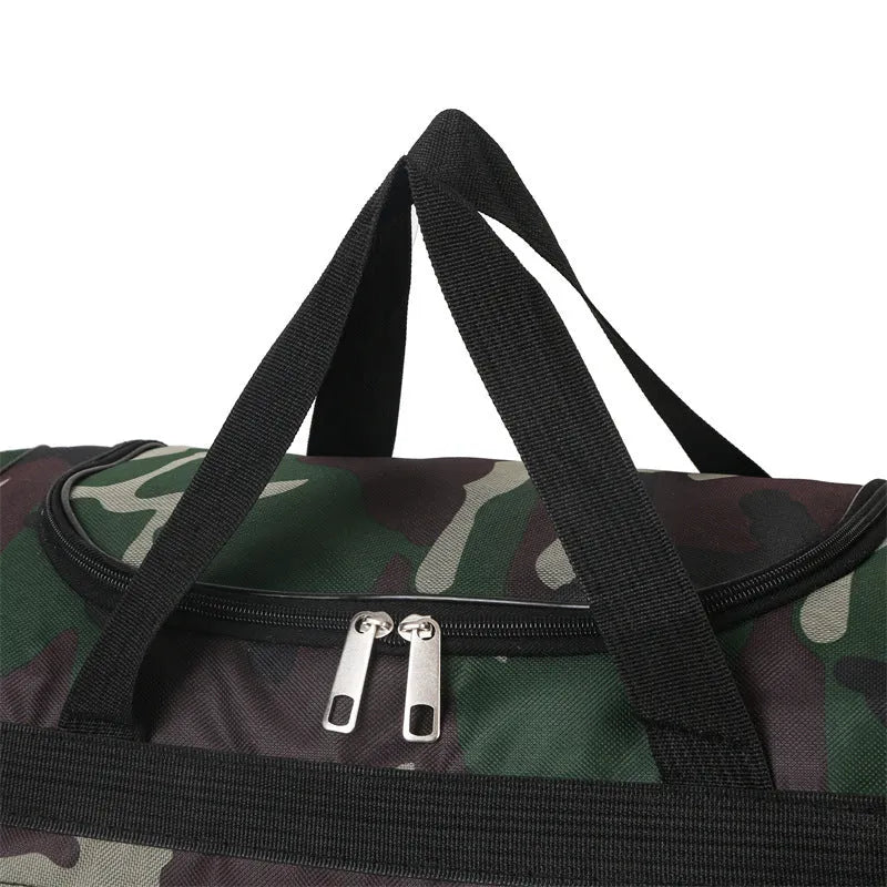 Large camouflage-coloured luggage bag made from waterproof fabric with striped lining.