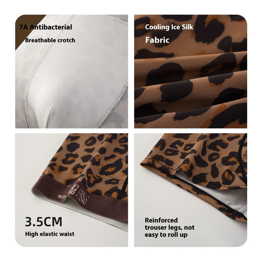 Men's leopard print ice silk underwear with mid waist design and polyester knit fabric