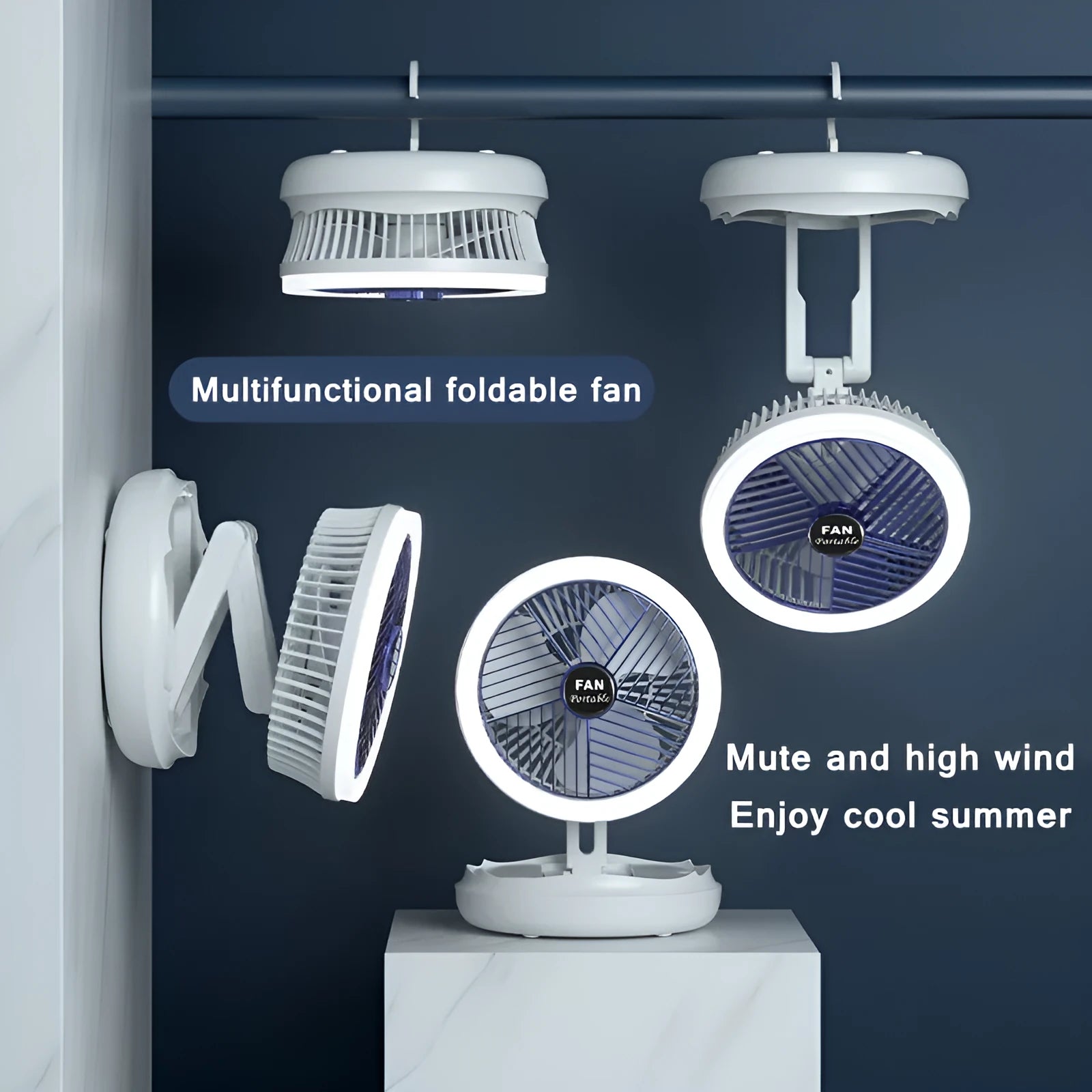 Blue foldable USB desk fan with LED light, shown in open position with 300° head tilt