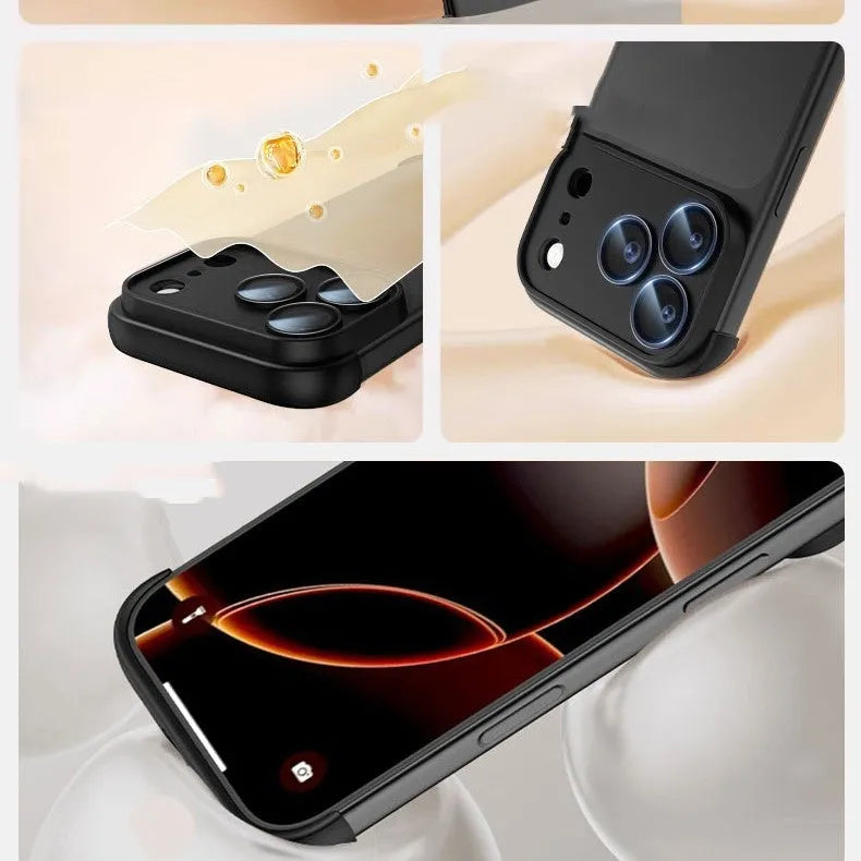 iPhone 17 Pro Max mobile phone case in high-grade shell showing black, orange, grey, and desert colour options.