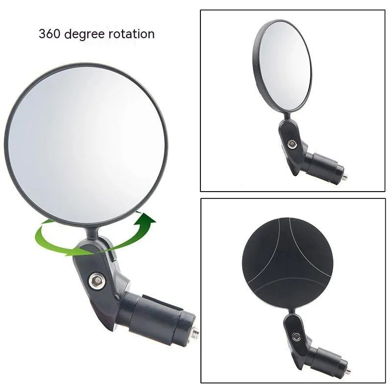 Black foldable convex rearview mirror for motorcycles showing 360-degree rotation.