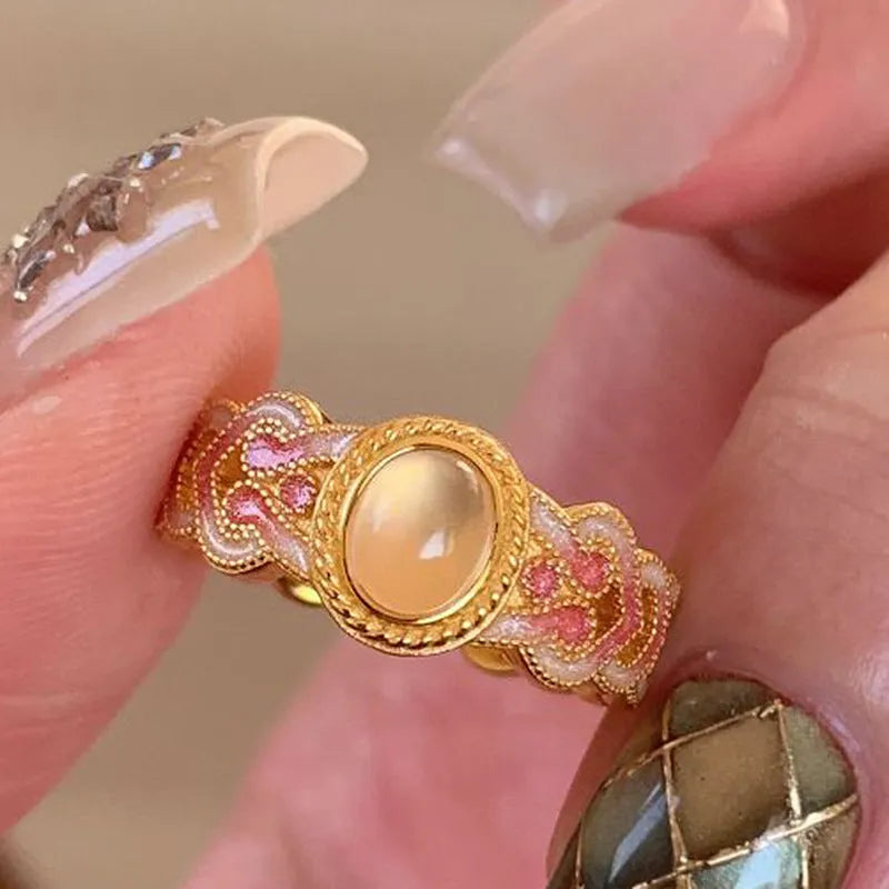 Pink crystal enamel geometric open mouth ring on gold-plated copper band