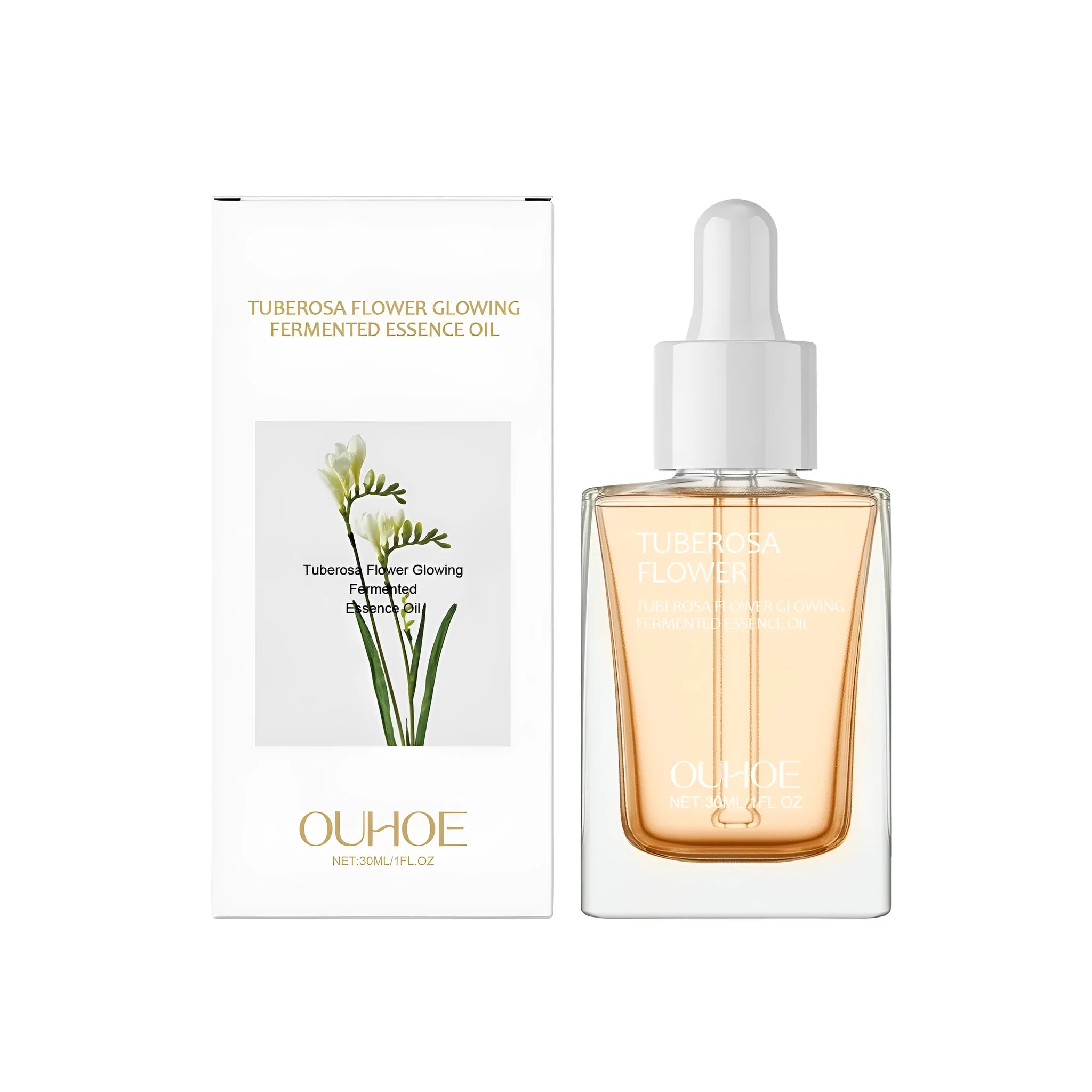 30ml glass bottle of brightening and firming facial oil with vitamin E and tuberose extract