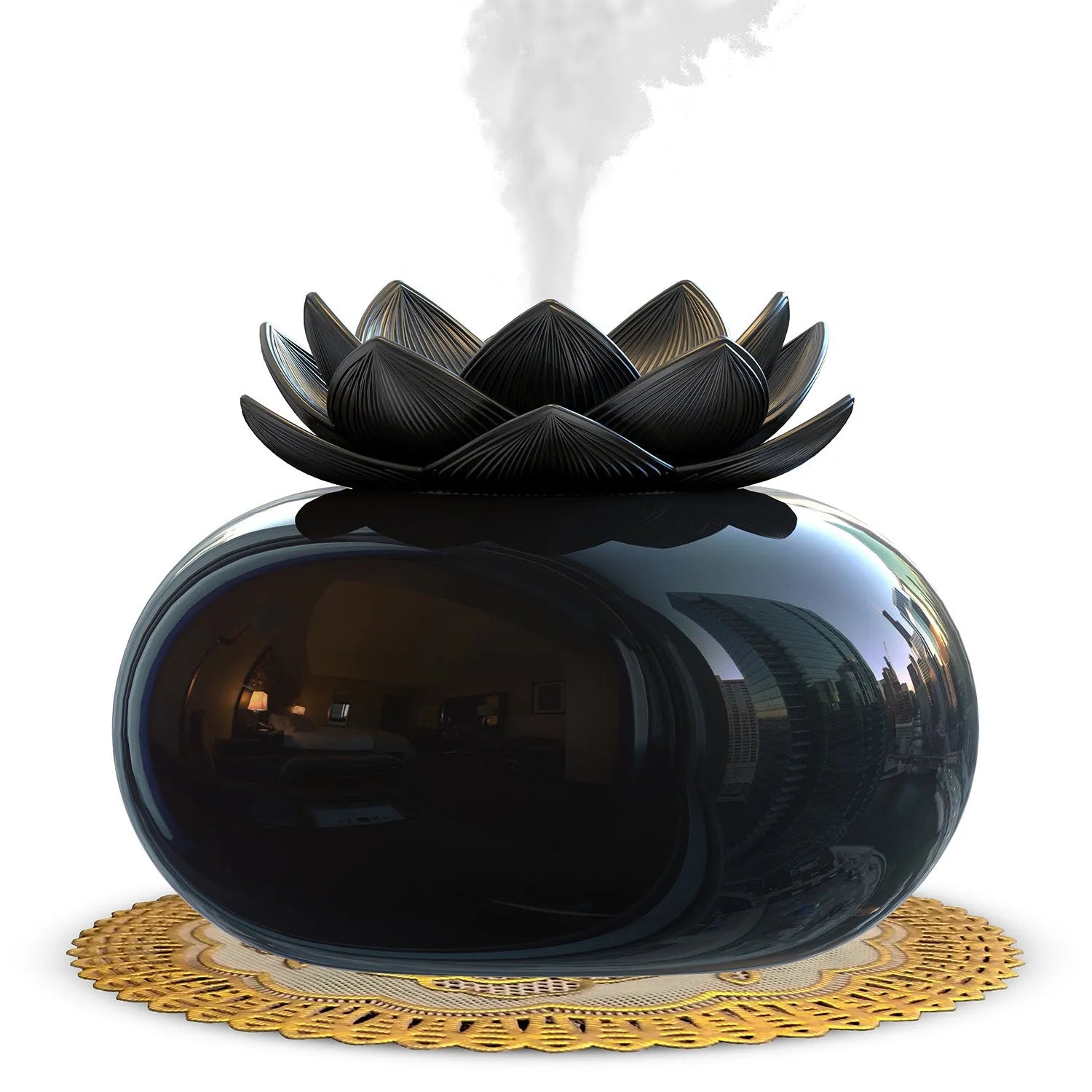 Pure black round ultrasonic aromatherapy humidifier with USB cable for power.