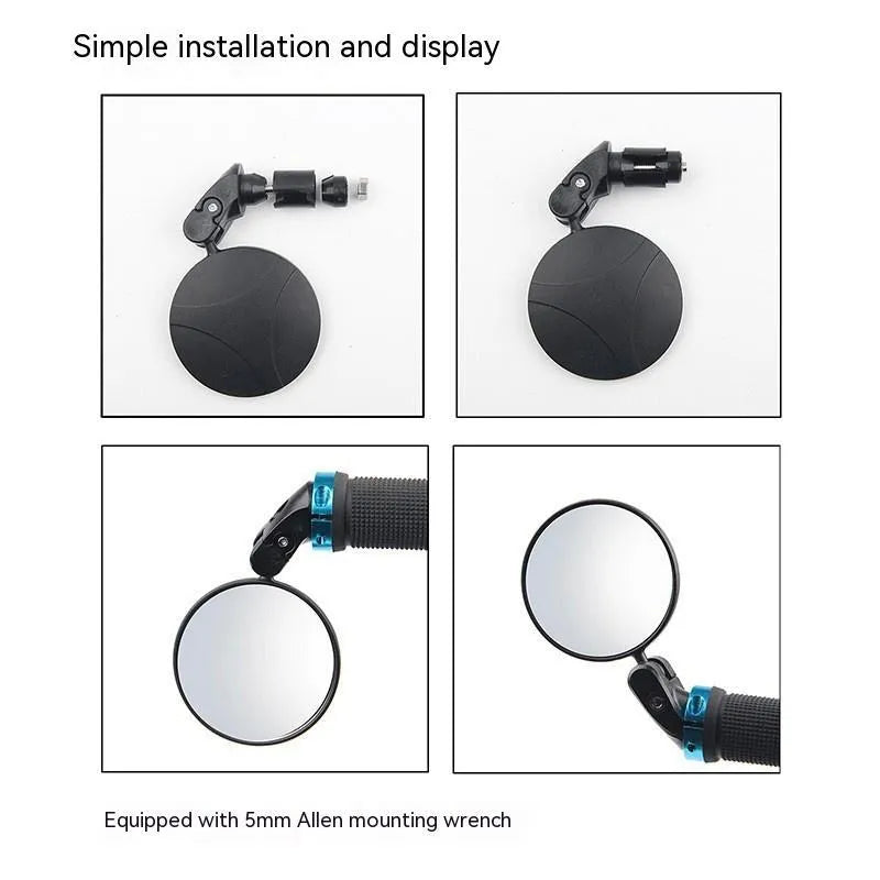 Black foldable convex rearview mirror for motorcycles showing 360-degree rotation.