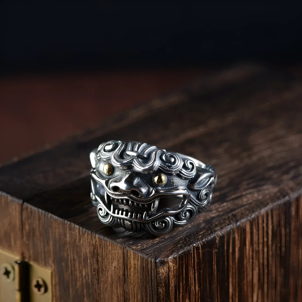 Silver open ring with domineering Jibeast animal Zodiac pattern and diamond detail.