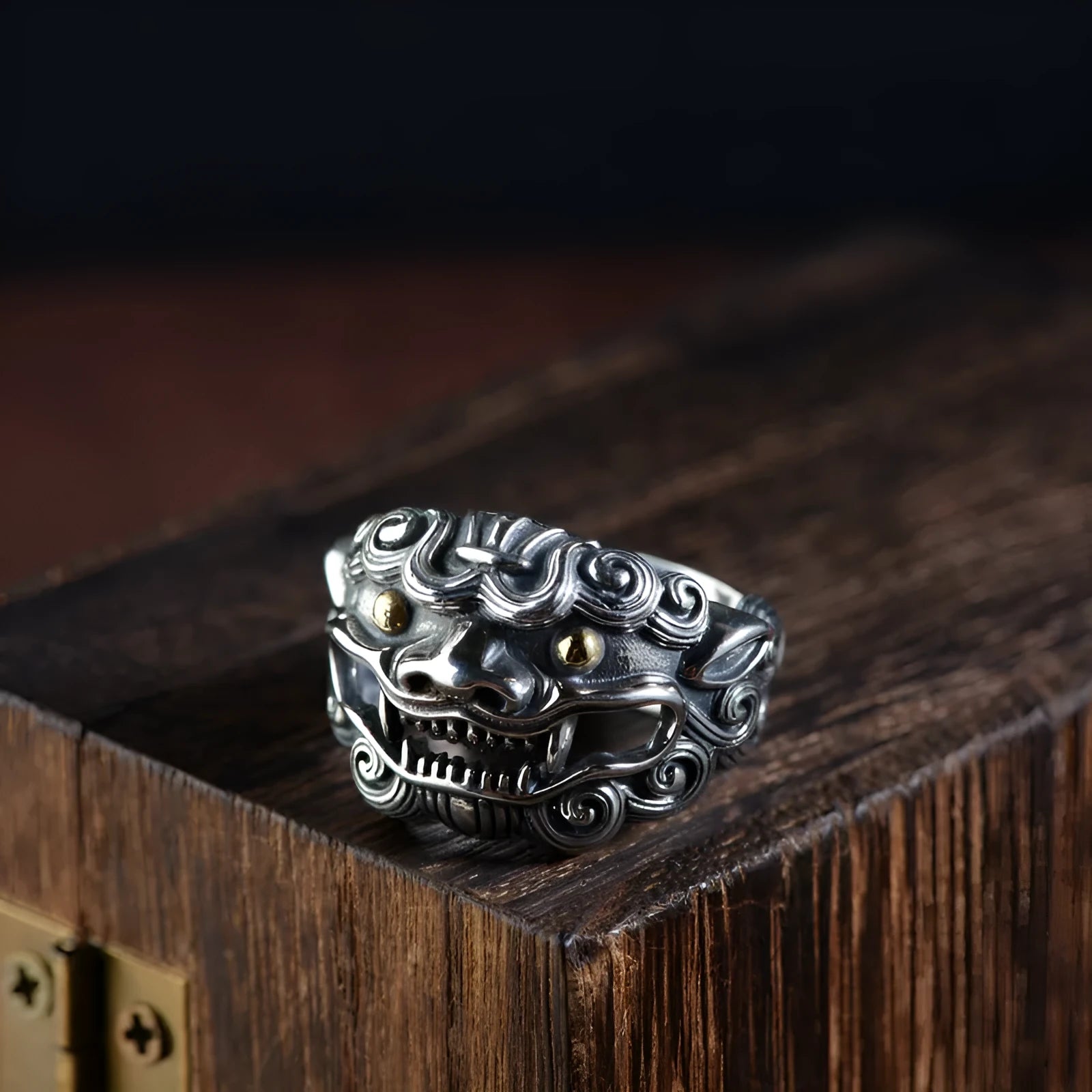 Silver open ring with domineering Jibeast animal Zodiac pattern and diamond detail.