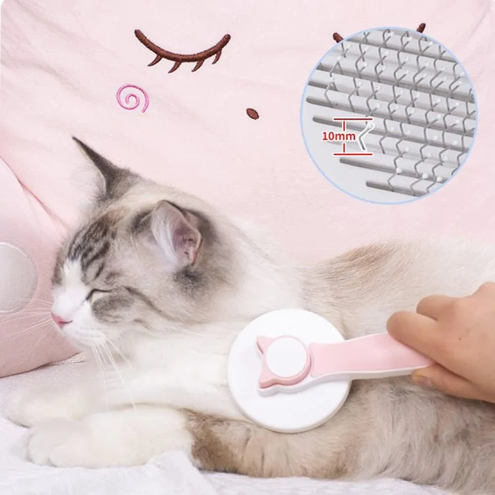 Self-cleaning cat grooming brush with blue rubber handle and metal bristles