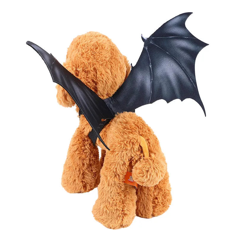 Black cloth bat wings Halloween costume shown on a dog, with size options for 40cm, 55cm, and 64cm wingspans.