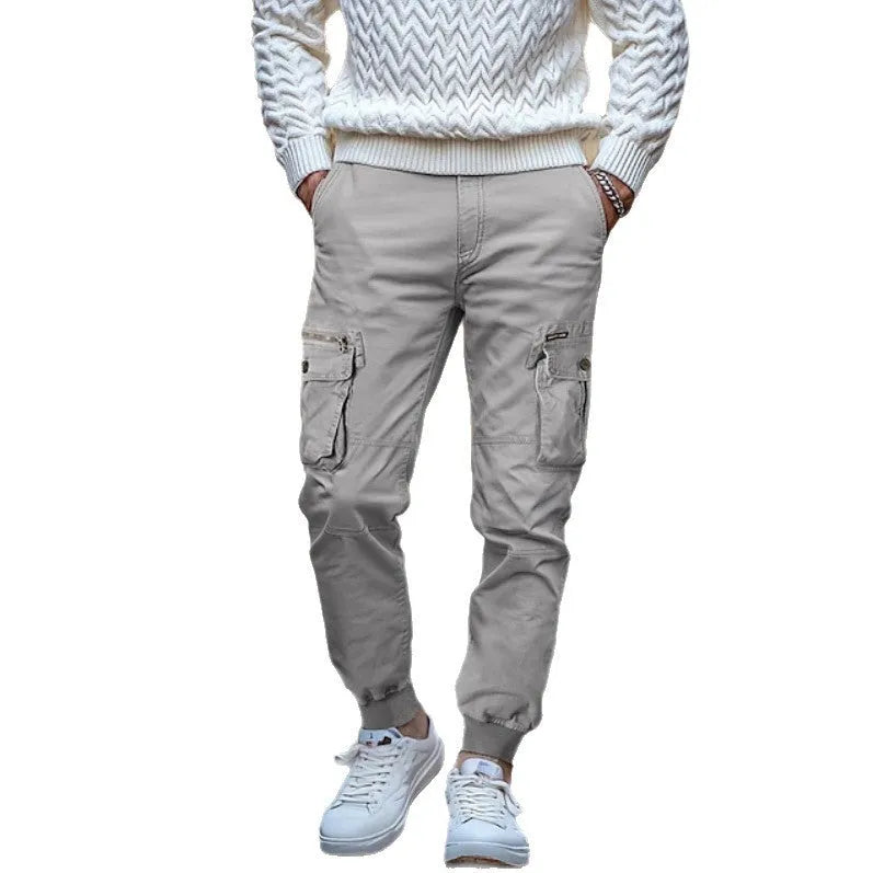 Men's oversized cotton trousers in brown, loose waist with drawstring, tapered leg, sizes 29-40