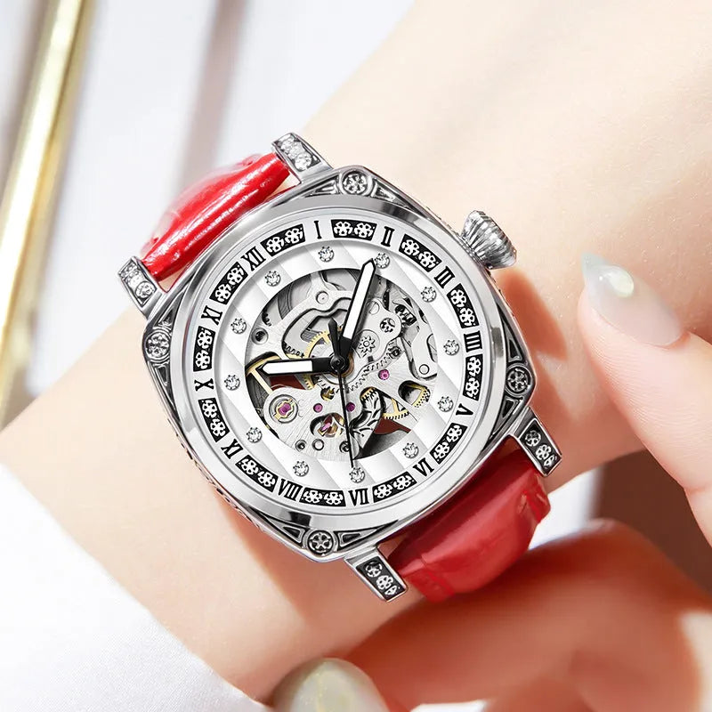 Mechanical wristwatch with luminous hands on leather strap in choice of colours