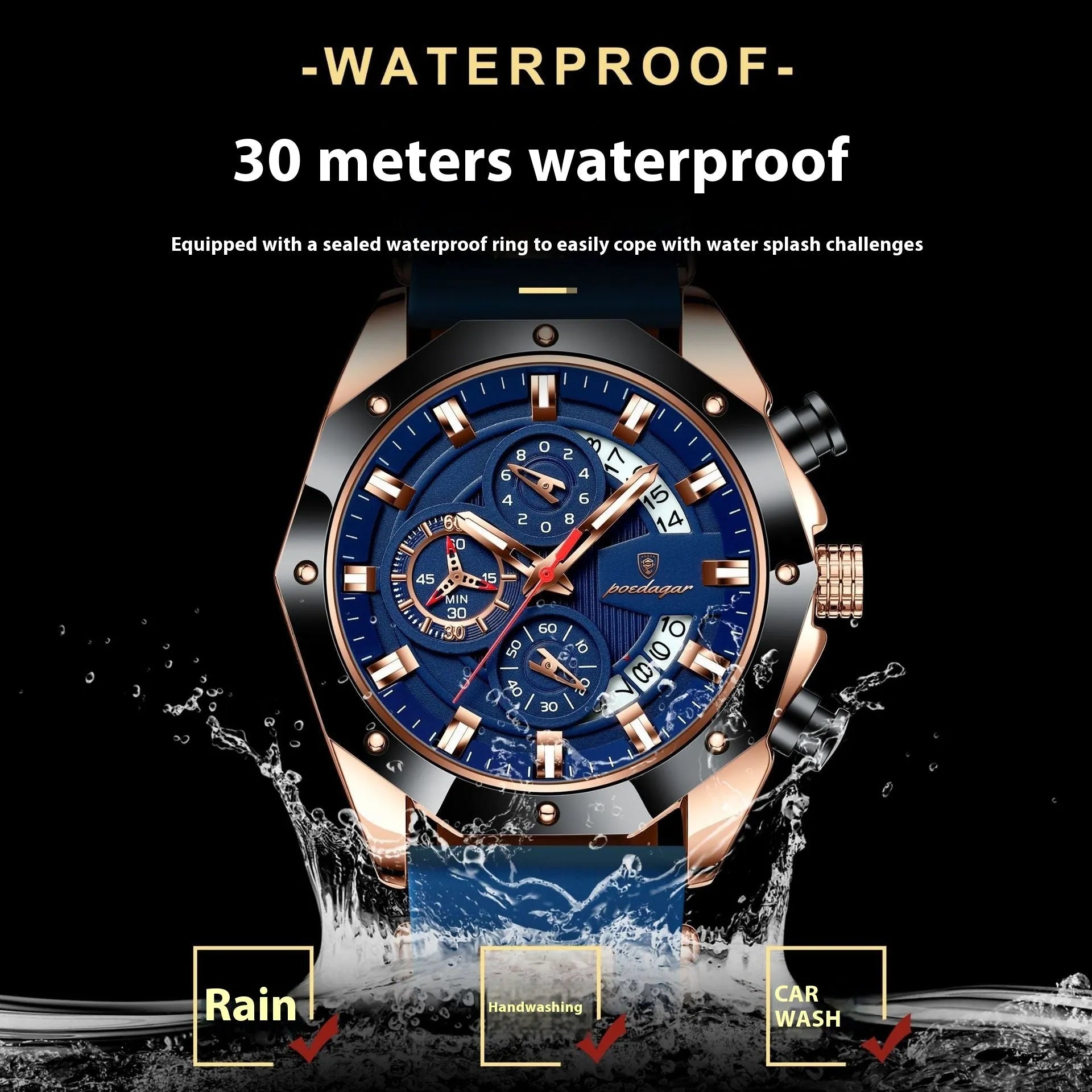 Men's chronograph watch with silicone strap and diamond-shaped dial