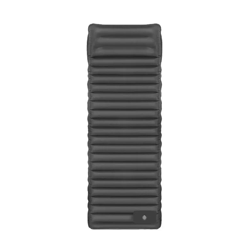 Portable inflatable camping mattress in spring rain grey colour, shown with dimensions 195x70x10 cm.
