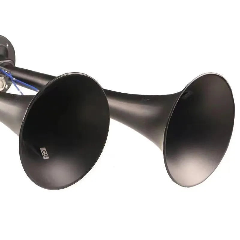 Black dual trumpet 300dB air horn kit for 12V and 24V vehicle installation
