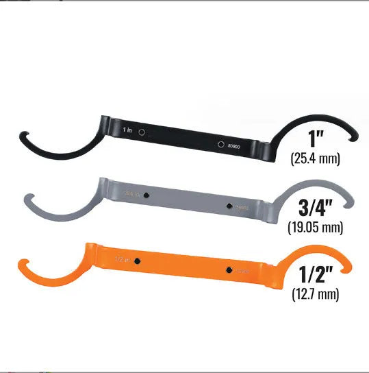Three-piece spanner set showing orange, grey, and black wrenches with magnetic suction and catheter locking functions