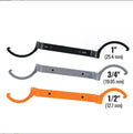 Three-piece spanner set showing orange, grey, and black wrenches with magnetic suction and catheter locking functions