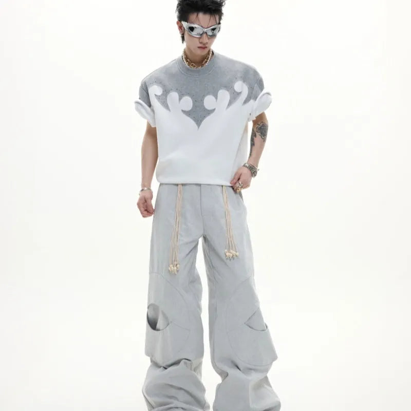 Men's grey cotton T-shirt with a 3D stitched flower and rhinestone design, showing drop-shoulder short sleeves.