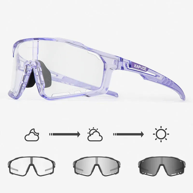 Photochromic cycling sunglasses with a semi-rimless TR90 frame shown in one of fourteen available colours.
