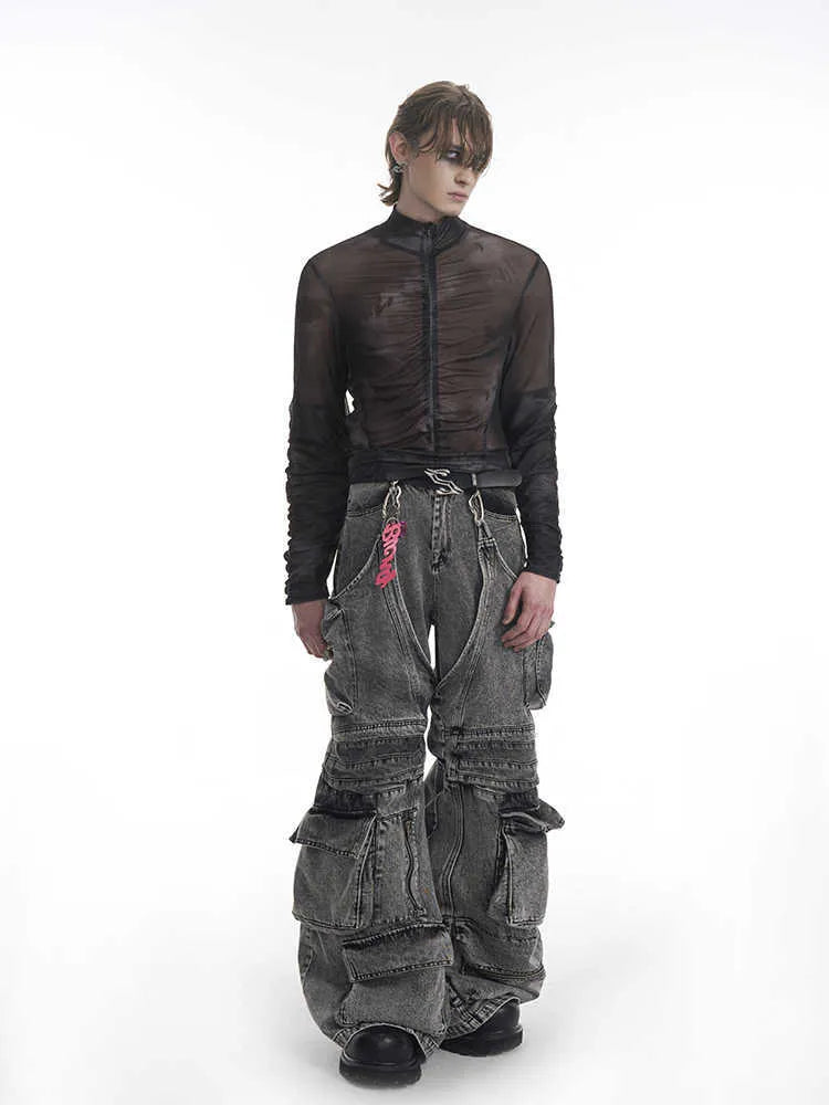 Men's black grey long-sleeved T-shirt featuring a half-turtleneck collar with a mesh zipper detail
