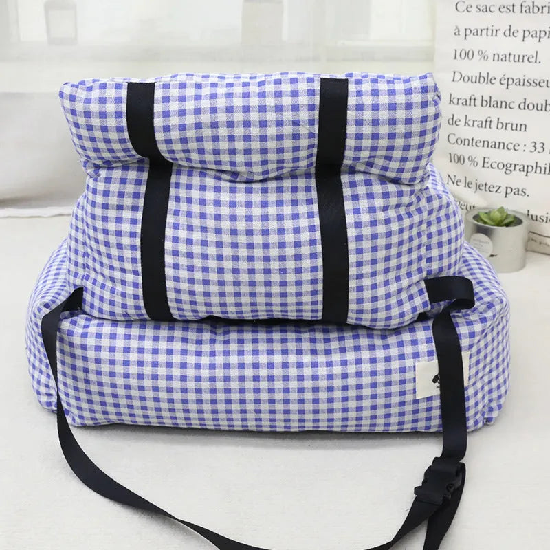Car-mounted pet travel carrier in cloth fabric, available in grey or blue plaid, showing small and large size options