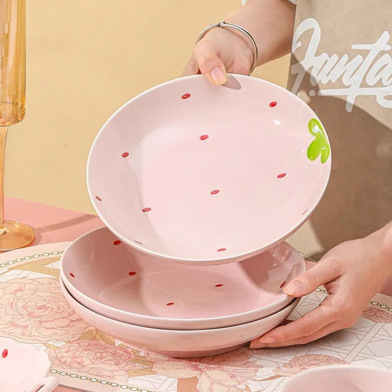 Creative strawberry cute porcelain dinnerware set with flower bowls, noodle bowl, plates, and twist spoon.