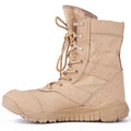 Yulong summer tactical desert combat boots in black or sand colour on an outdoor rocky terrain.