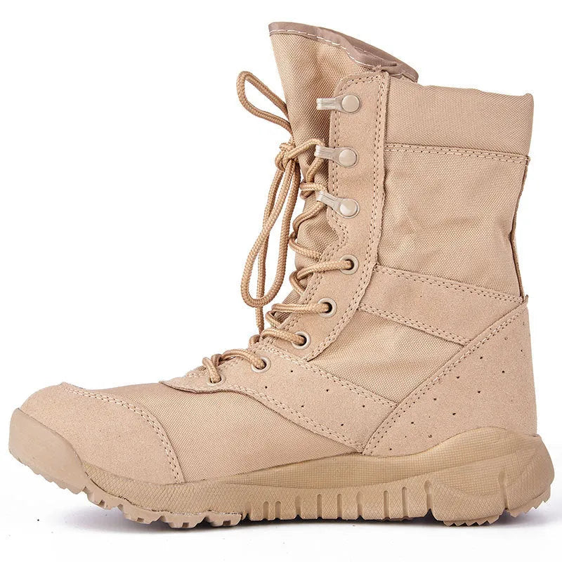 Yulong summer tactical desert combat boots in black or sand colour on an outdoor rocky terrain.