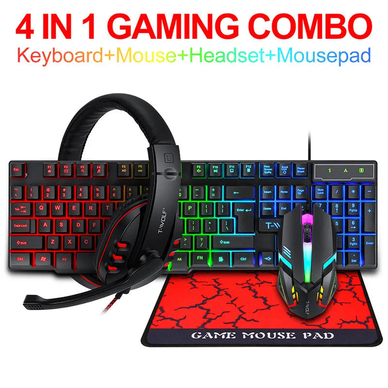 Thunder Wolf T800 four piece wired USB gaming keyboard, mouse, headset, and mouse pad bundle.