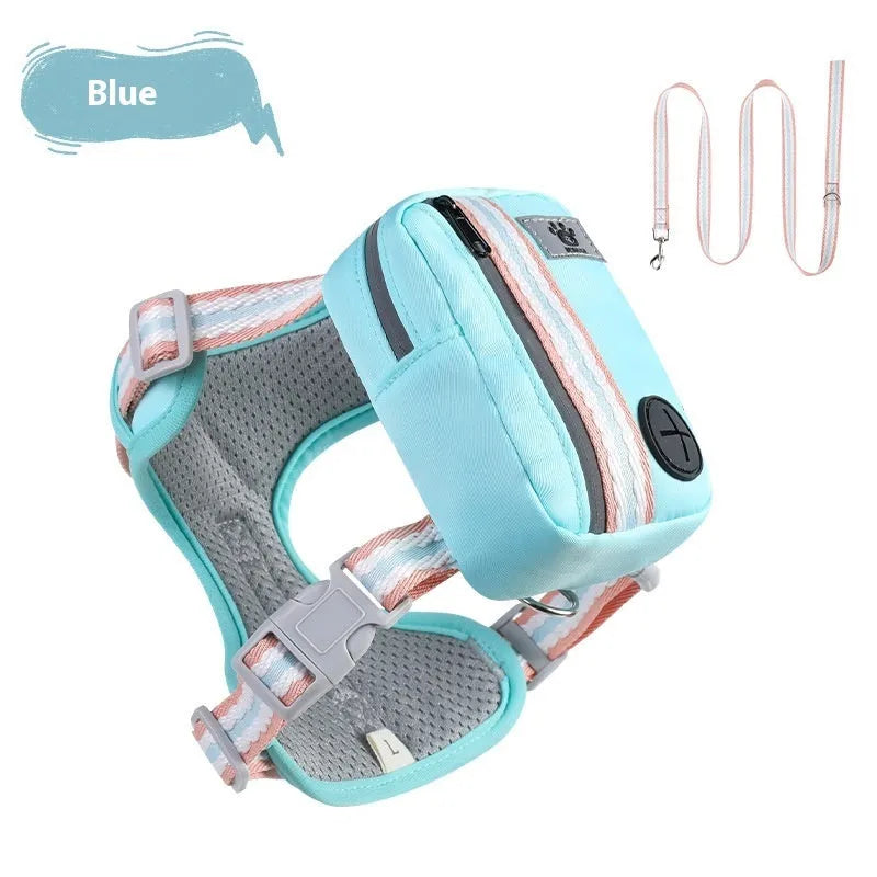Explosion-proof anti-strangulation dog harness in pink Oxford cloth with attached 1.5m traction rope