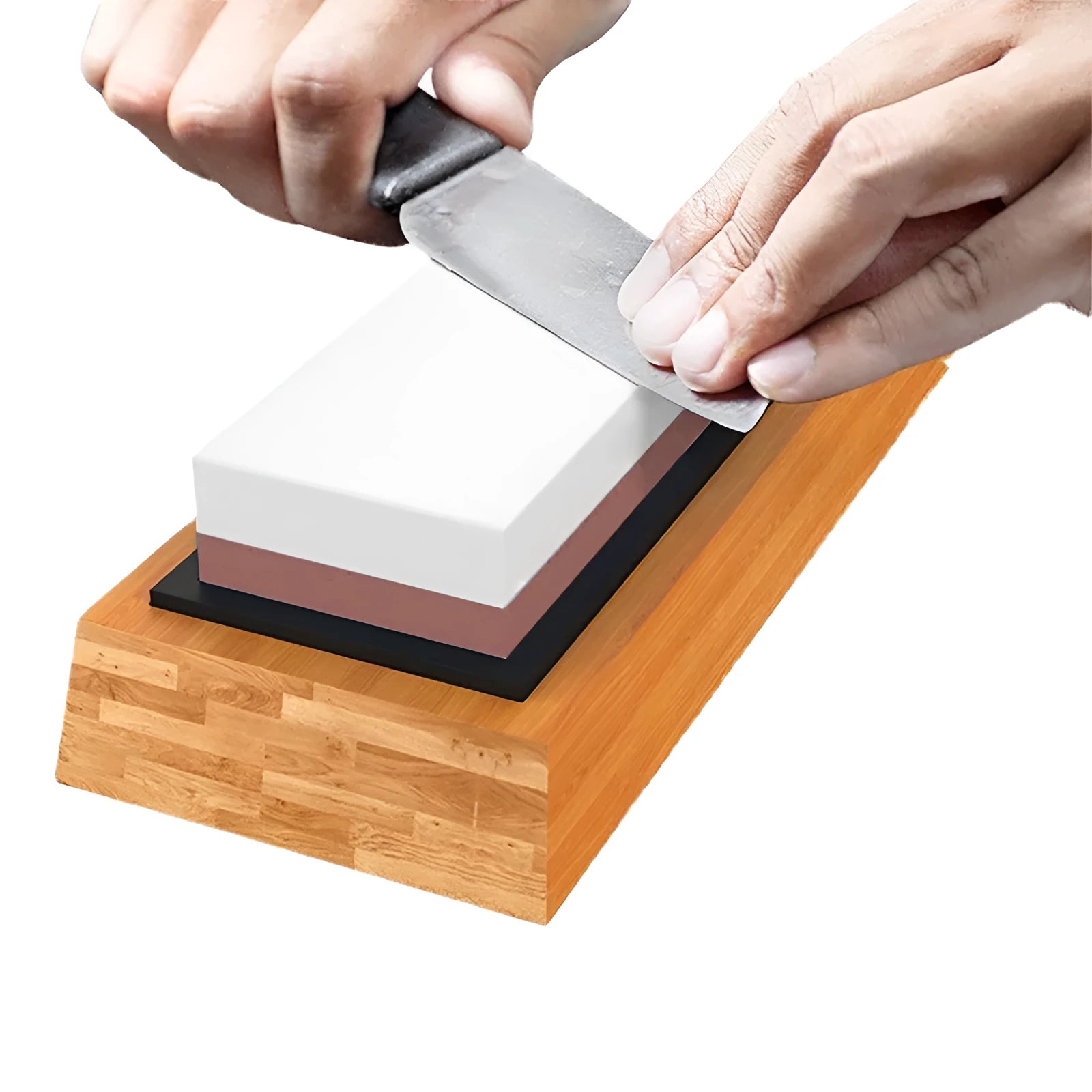 White corundum double-sided whetstone with 3000/8000 grit and bamboo base from five-piece kitchen sharpening set